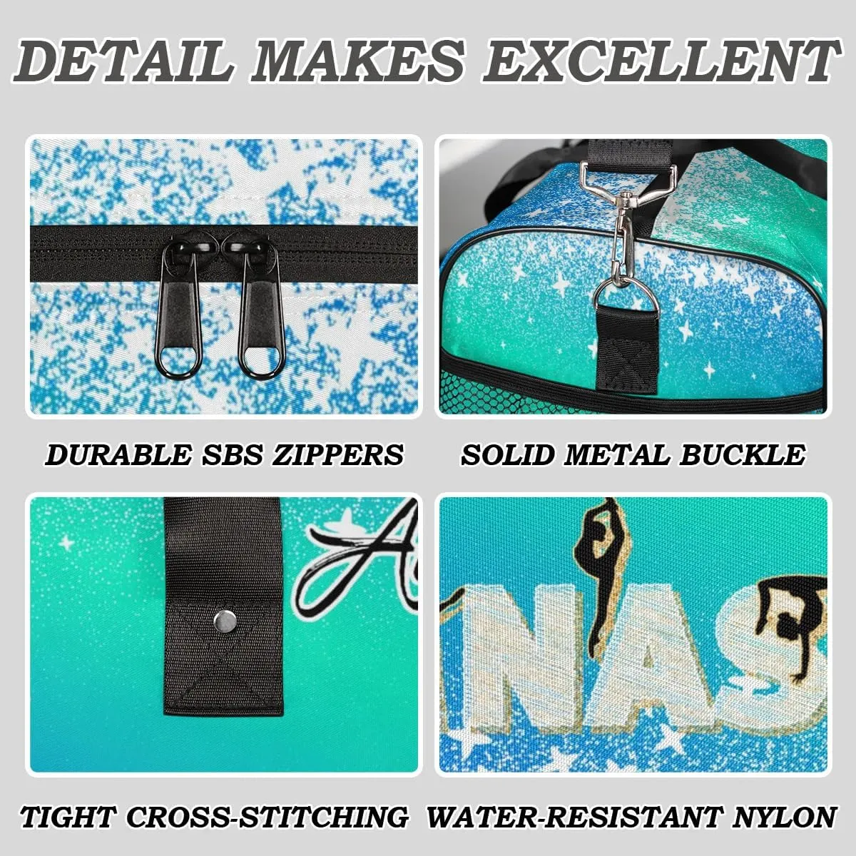 Personalized Gymnastics Bag Custom Sport Duffel Bag Large Gym Bag Gymnastics Gifts Overnight Weekender Travel Duffle Bag Blue Green Gradient
