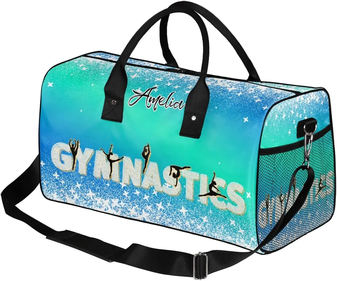 Personalized Gymnastics Bag Custom Sport Duffel Bag Large Gym Bag Gymnastics Gifts Overnight Weekender Travel Duffle Bag Blue Green Gradient