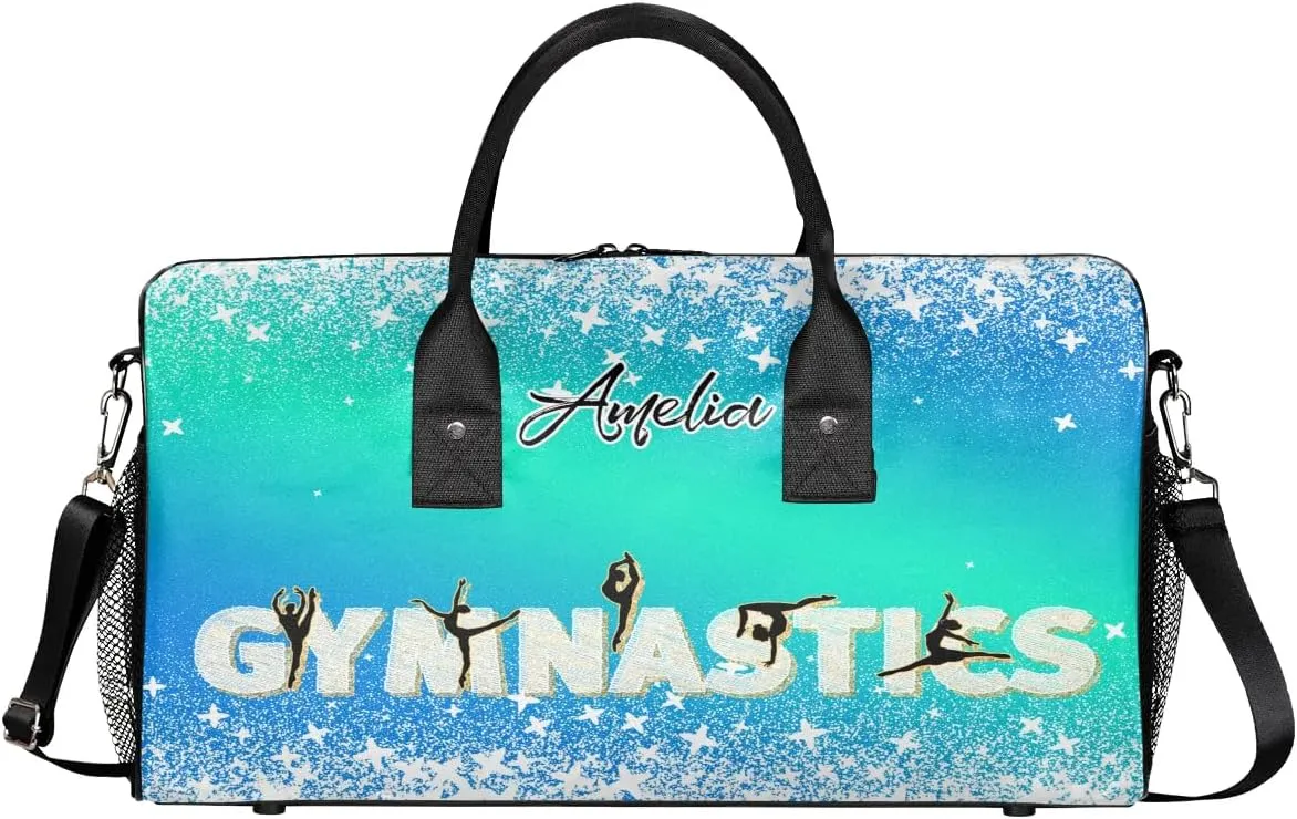 Personalized Gymnastics Bag Custom Sport Duffel Bag Large Gym Bag Gymnastics Gifts Overnight Weekender Travel Duffle Bag Blue Green Gradient