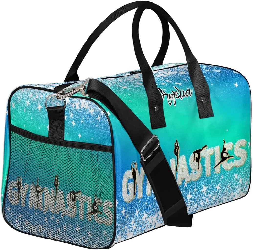 Personalized Gymnastics Bag Custom Sport Duffel Bag Large Gym Bag Gymnastics Gifts Overnight Weekender Travel Duffle Bag Blue Green Gradient