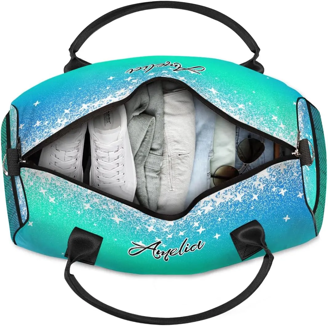 Personalized Gymnastics Bag Custom Sport Duffel Bag Large Gym Bag Gymnastics Gifts Overnight Weekender Travel Duffle Bag Blue Green Gradient