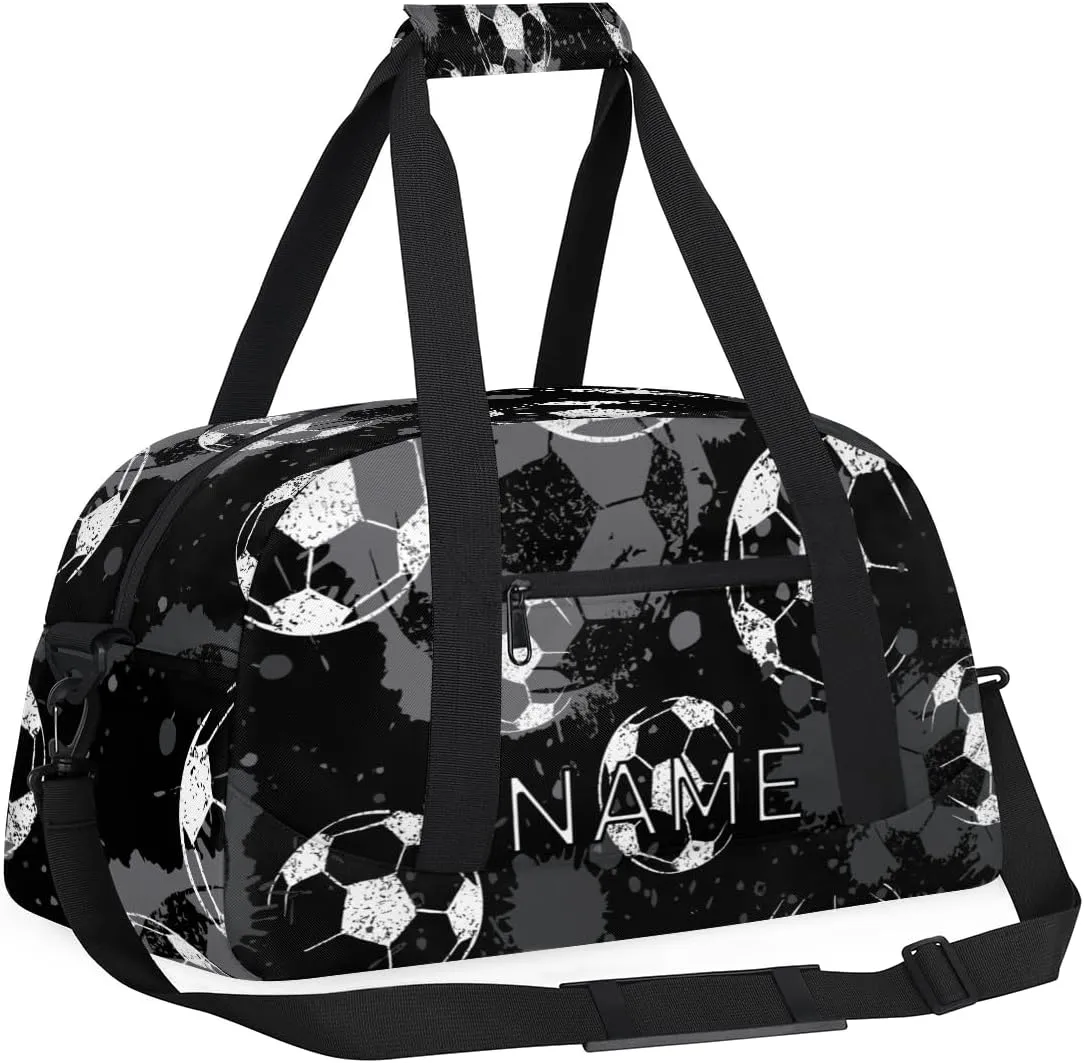 Personalized Kids Duffel Bag for Girls Boys Traveling Football Soccer Pattern Small Sport Gym Bag Custom Overnight Weekender Tote Bag Carry on Teen Dance Bag for Gymnastic Ballet