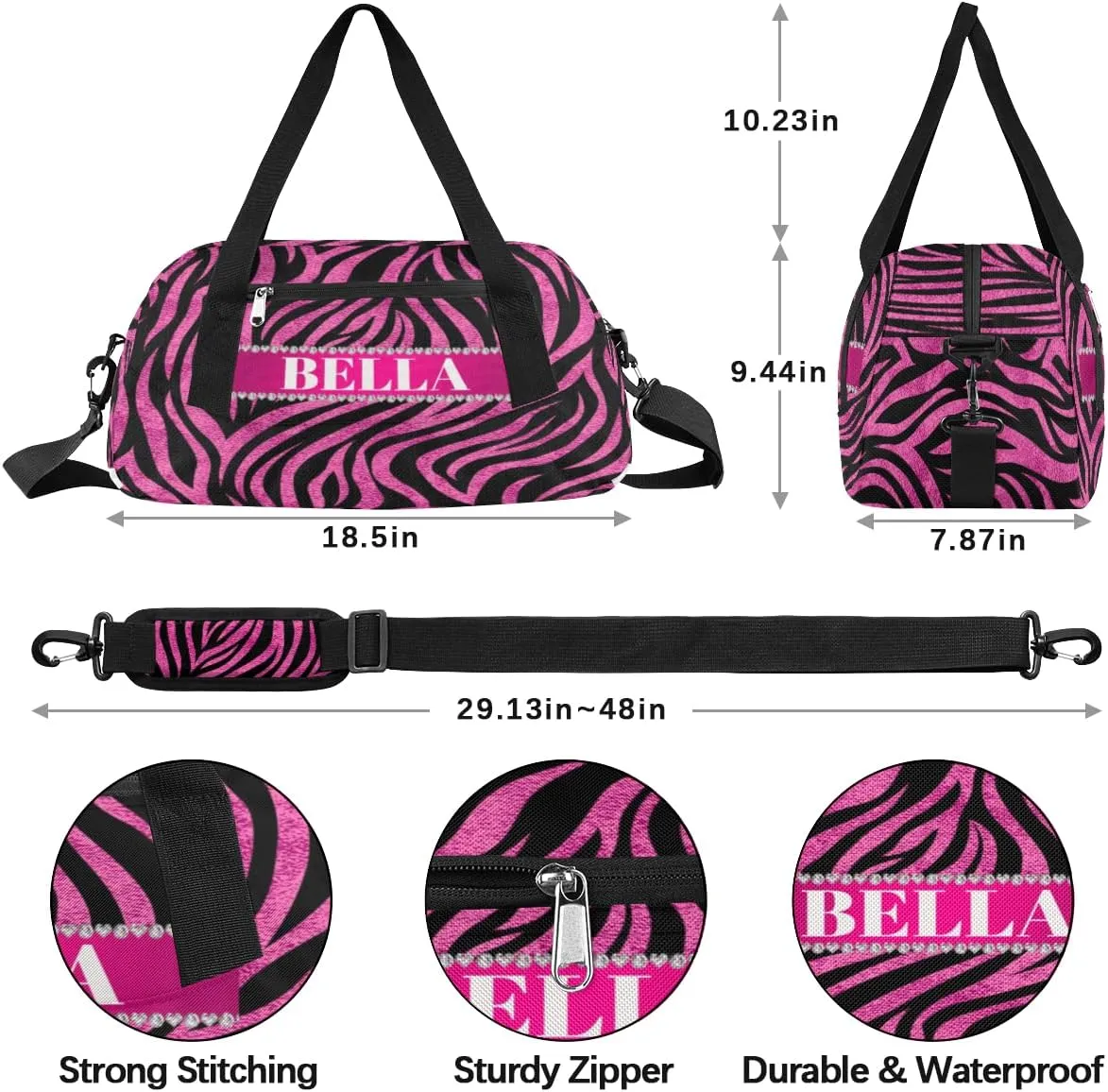 Personalized Kids Gym Bag, Custom Sport Duffel Bag, Dance Bag Weekender Bags Travel Duffel Bag for Boy & Girl Zebra Hot Pink