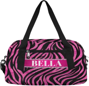Personalized Kids Gym Bag, Custom Sport Duffel Bag, Dance Bag Weekender Bags Travel Duffel Bag for Boy & Girl Zebra Hot Pink