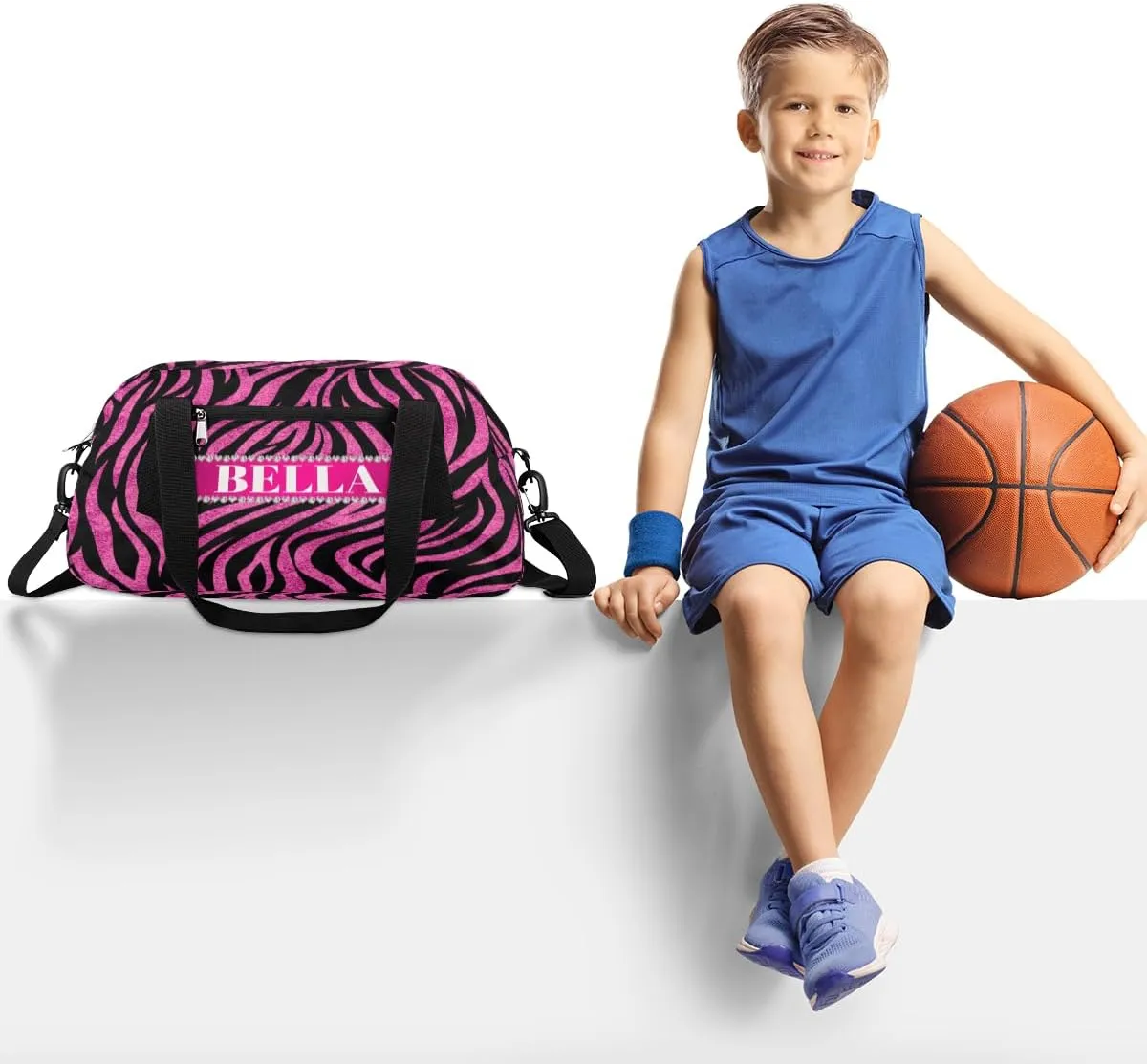 Personalized Kids Gym Bag, Custom Sport Duffel Bag, Dance Bag Weekender Bags Travel Duffel Bag for Boy & Girl Zebra Hot Pink