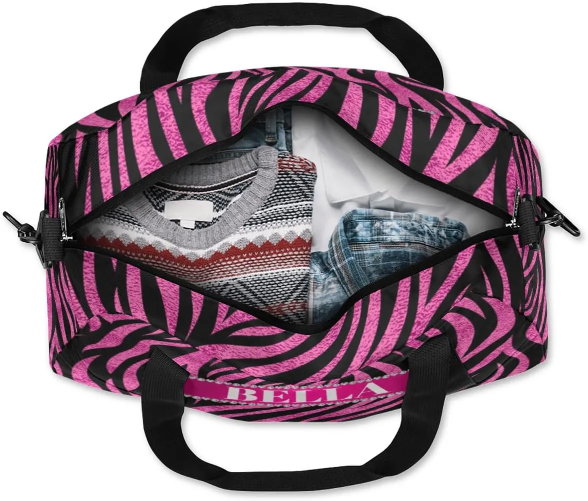 Personalized Kids Gym Bag, Custom Sport Duffel Bag, Dance Bag Weekender Bags Travel Duffel Bag for Boy & Girl Zebra Hot Pink