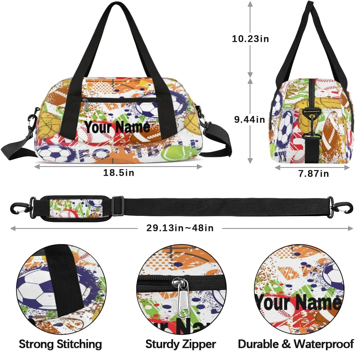 Personalized Kids Sport Duffel Bag Custom Name Weekender Overnight Bags for Boys Girls Teens Ball Sport Graffiti Gym Bag Carry On Workout Travel Bag