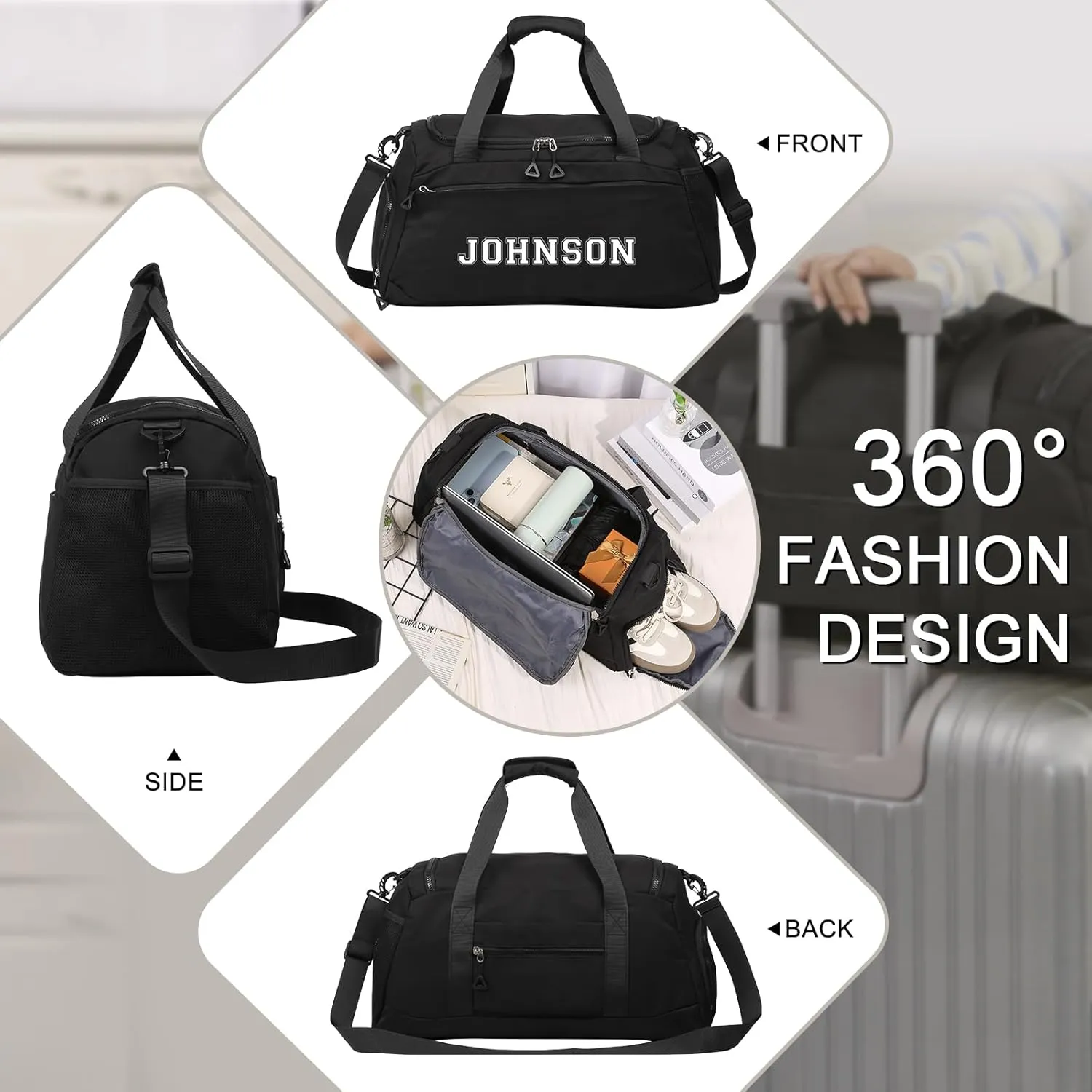 Personalized Name Travel Duffel Bag - Oxford Cloth Gym Bag with Shoes and Wet Pockets, Sports Duffel Bags Weekender Overnight Bag for Women Men Christmas Gifts
