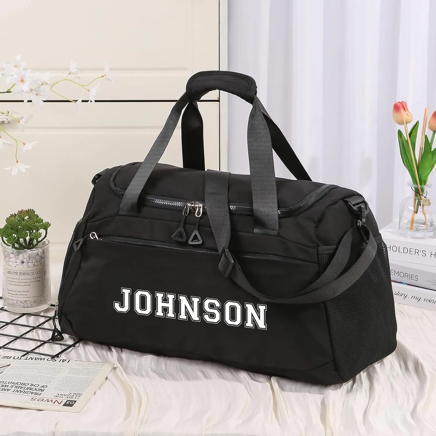 Personalized Name Travel Duffel Bag - Oxford Cloth Gym Bag with Shoes and Wet Pockets, Sports Duffel Bags Weekender Overnight Bag for Women Men Christmas Gifts