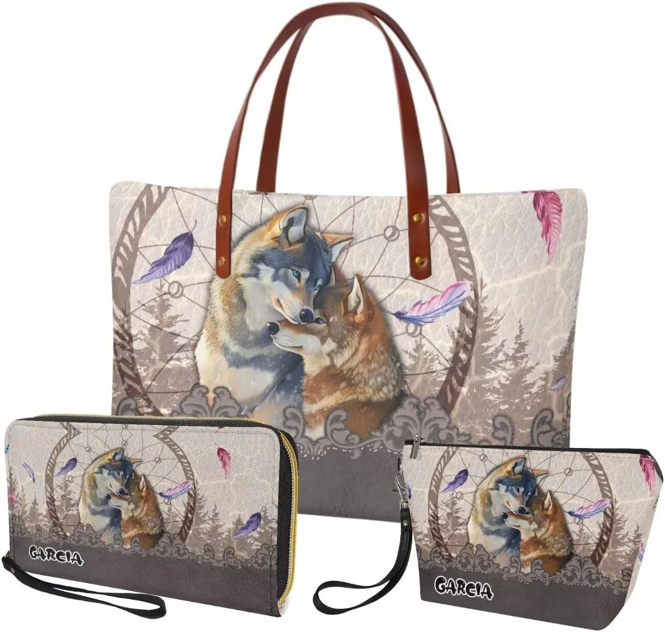 Personalized Purse 3 Pcs Custom Purse and Wallet Set with Makeup Bag Customized Tote Bag with Name for Women