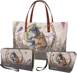 Personalized Purse 3 Pcs Custom Purse and Wallet Set with Makeup Bag Customized Tote Bag with Name for Women