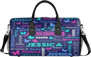 Personalized Sport Duffel Bag with Name, Colorful Butterflies Design Custom Weekender Bag Sleepover Bags for Dance Ballet Gymnastics, Dark Blue