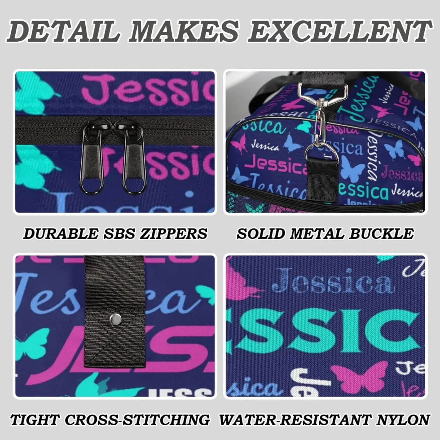 Personalized Sport Duffel Bag with Name, Colorful Butterflies Design Custom Weekender Bag Sleepover Bags for Dance Ballet Gymnastics, Dark Blue