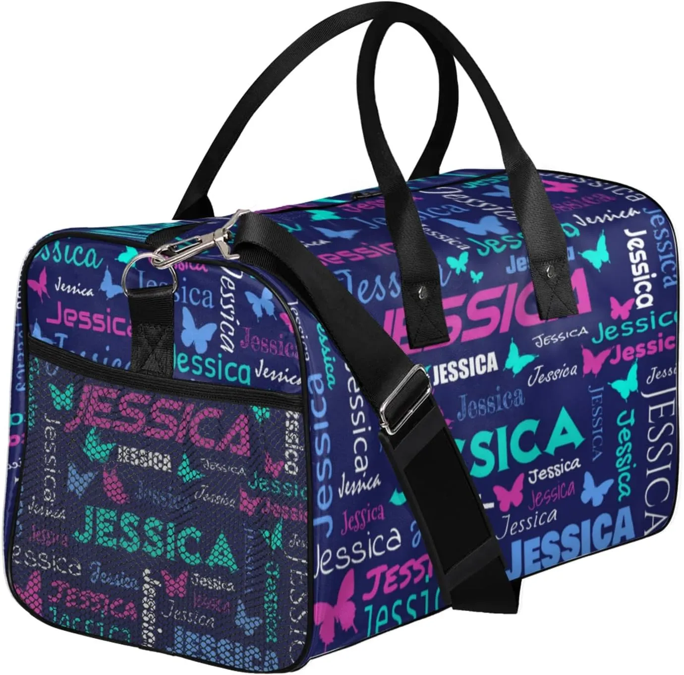 Personalized Sport Duffel Bag with Name, Colorful Butterflies Design Custom Weekender Bag Sleepover Bags for Dance Ballet Gymnastics, Dark Blue