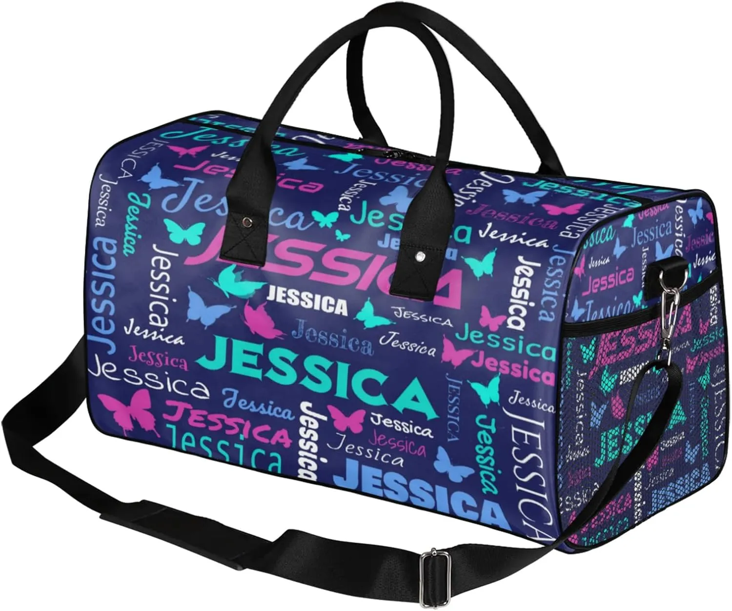 Personalized Sport Duffel Bag with Name, Colorful Butterflies Design Custom Weekender Bag Sleepover Bags for Dance Ballet Gymnastics, Dark Blue