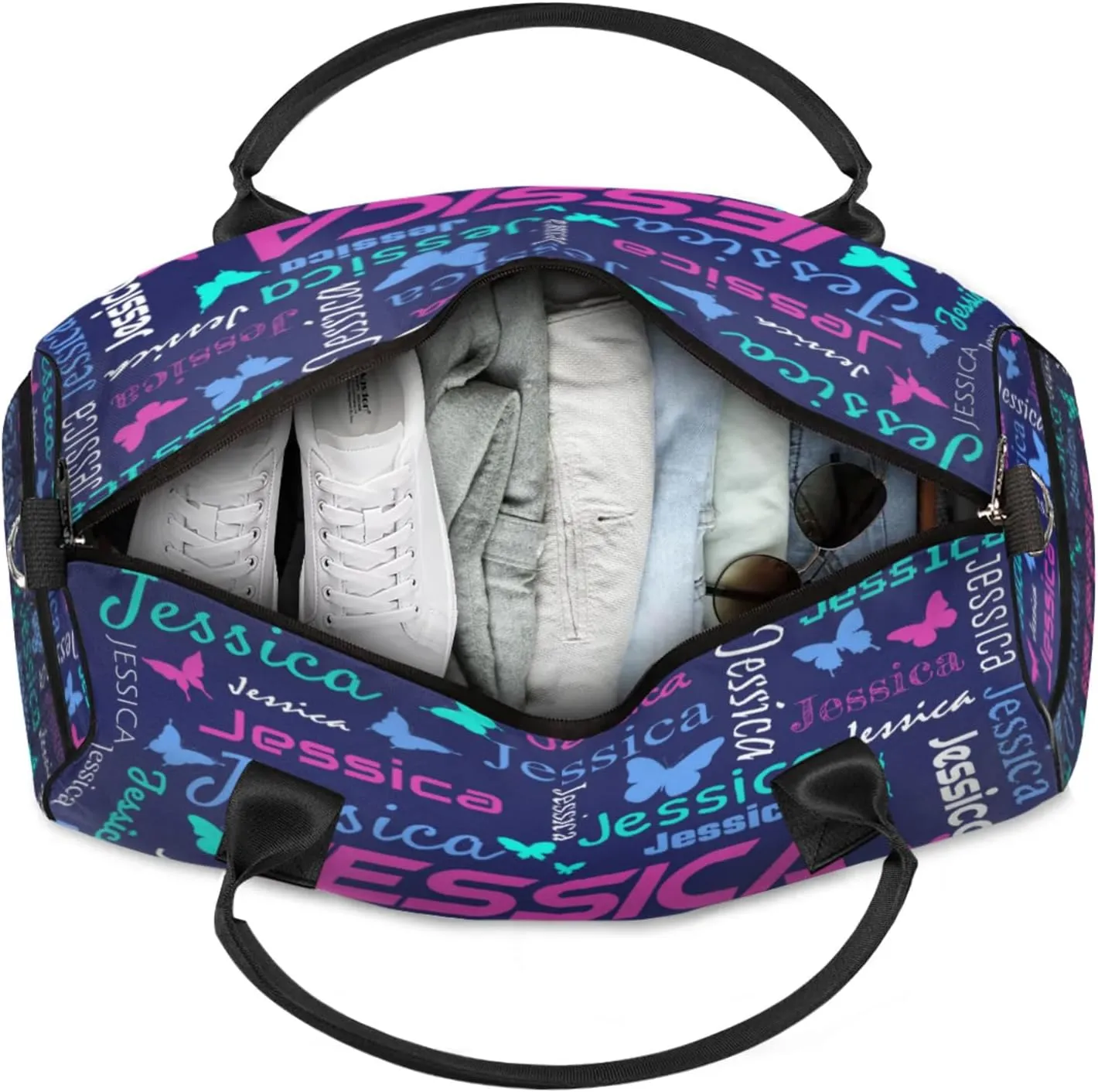 Personalized Sport Duffel Bag with Name, Colorful Butterflies Design Custom Weekender Bag Sleepover Bags for Dance Ballet Gymnastics, Dark Blue