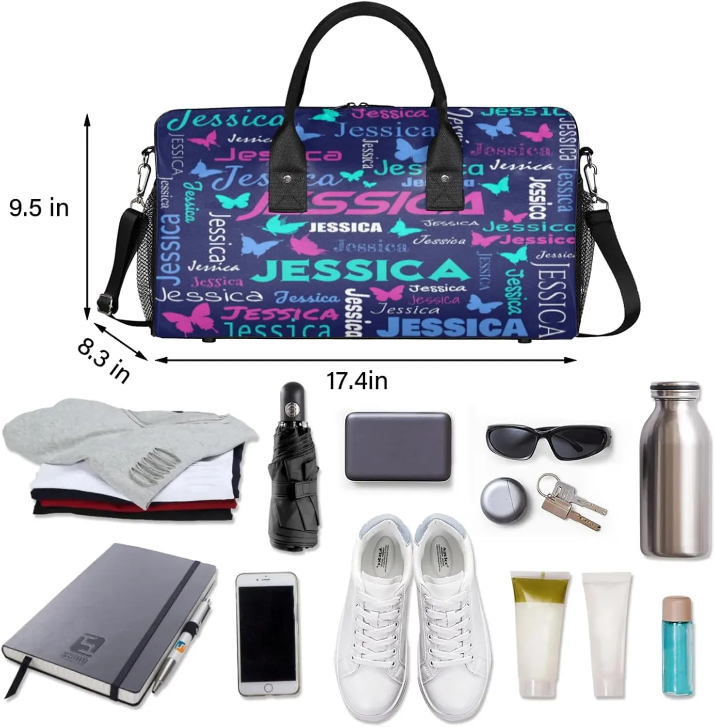 Personalized Sport Duffel Bag with Name, Colorful Butterflies Design Custom Weekender Bag Sleepover Bags for Dance Ballet Gymnastics, Dark Blue