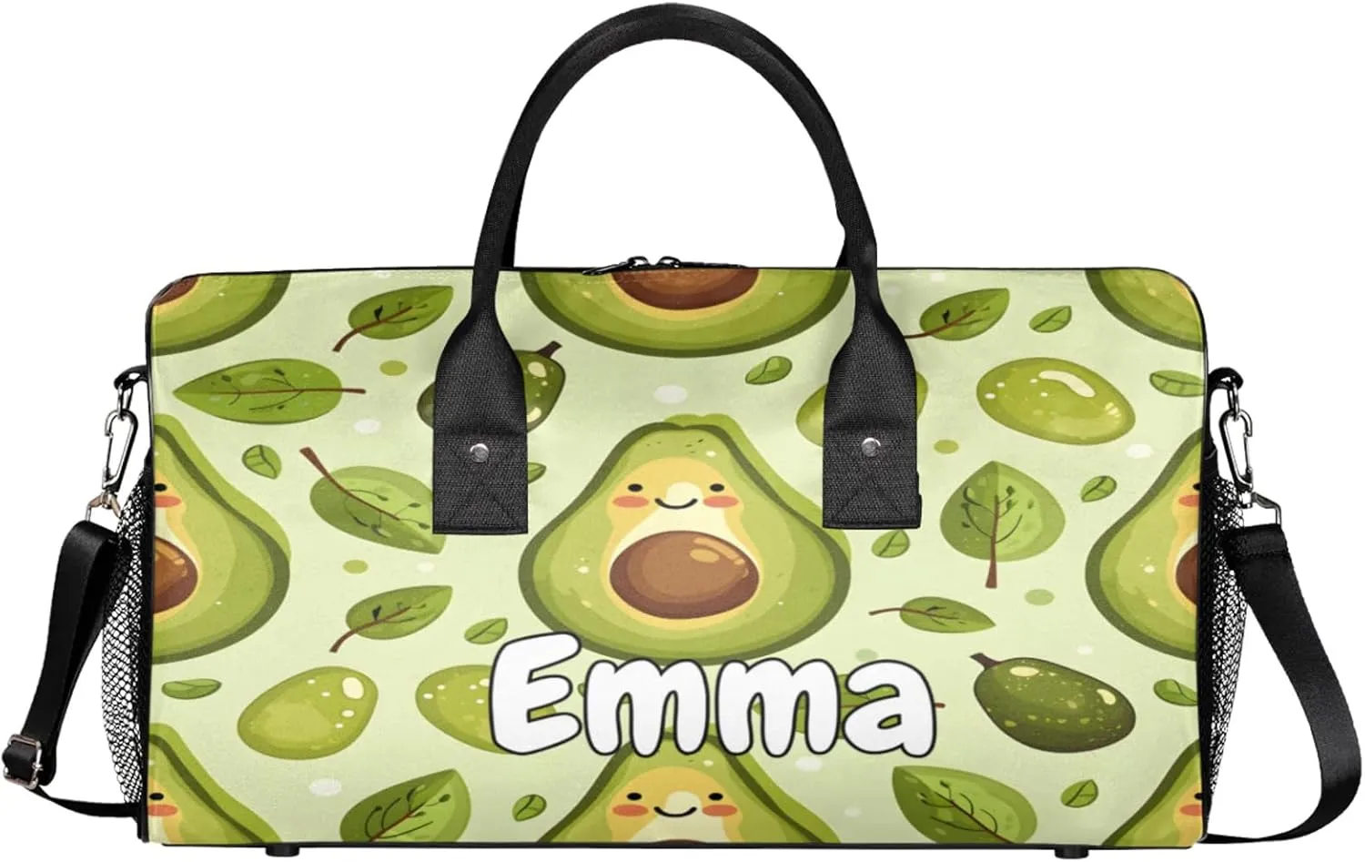 Personalized Summer Cute Avocado Travel Duffel Bag with Name, Custom Gym Sport Bag Funny Green Carry On Weekend Overnight Duffel Bag for Men Women