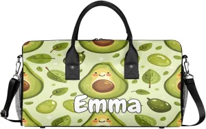 Personalized Summer Cute Avocado Travel Duffel Bag with Name, Custom Gym Sport Bag Funny Green Carry On Weekend Overnight Duffel Bag for Men Women