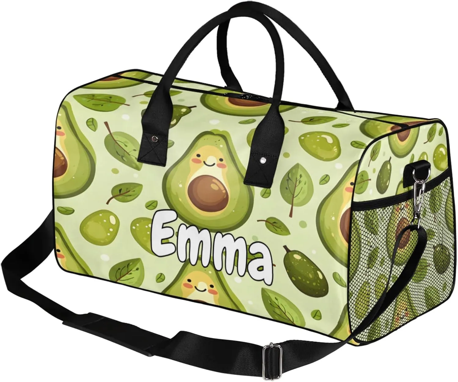 Personalized Summer Cute Avocado Travel Duffel Bag with Name, Custom Gym Sport Bag Funny Green Carry On Weekend Overnight Duffel Bag for Men Women