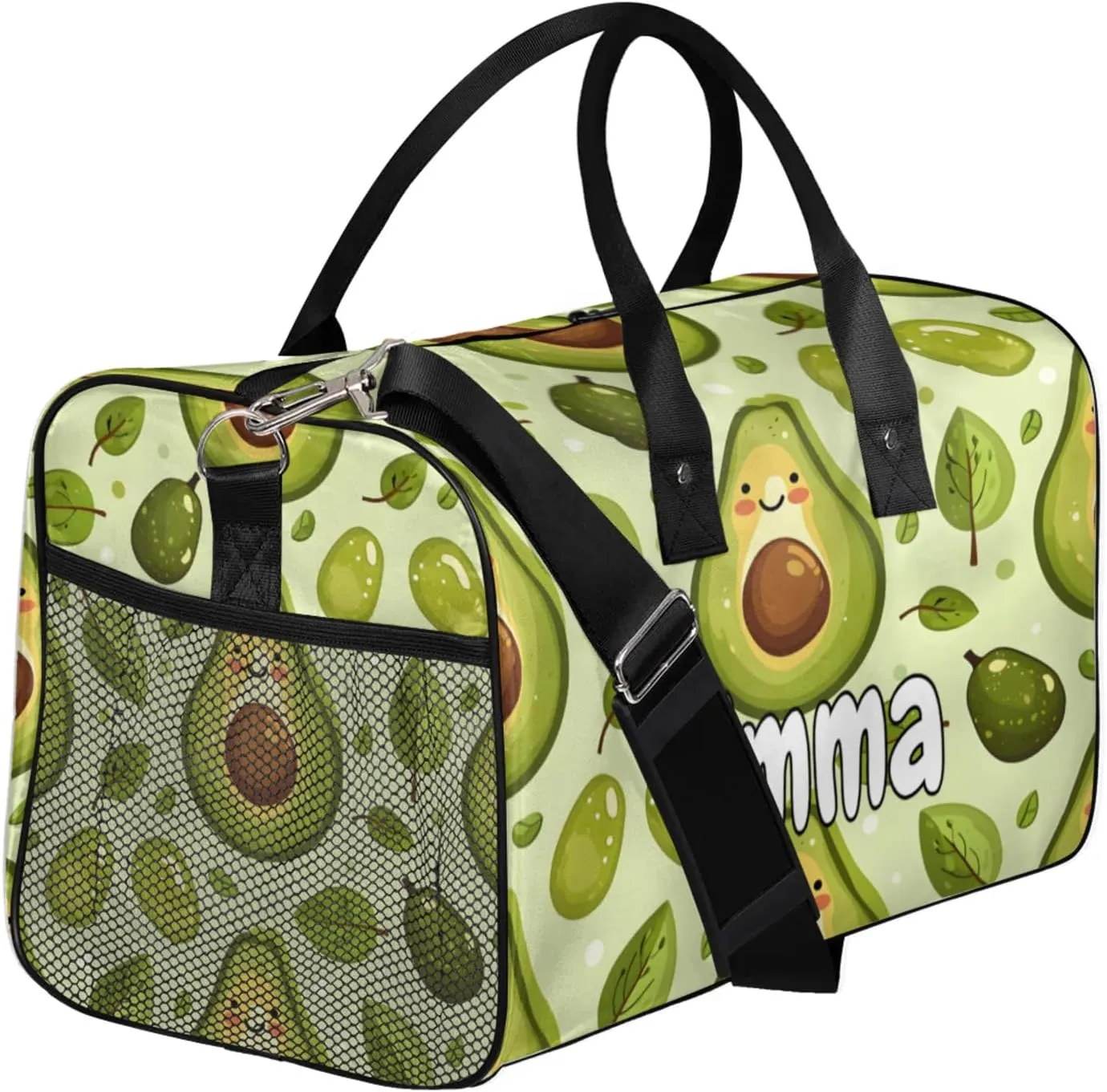 Personalized Summer Cute Avocado Travel Duffel Bag with Name, Custom Gym Sport Bag Funny Green Carry On Weekend Overnight Duffel Bag for Men Women