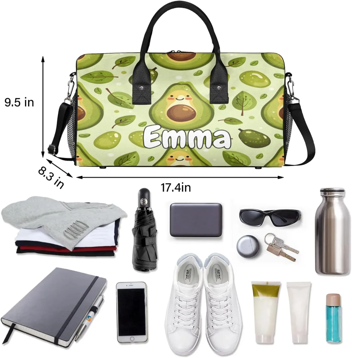 Personalized Summer Cute Avocado Travel Duffel Bag with Name, Custom Gym Sport Bag Funny Green Carry On Weekend Overnight Duffel Bag for Men Women