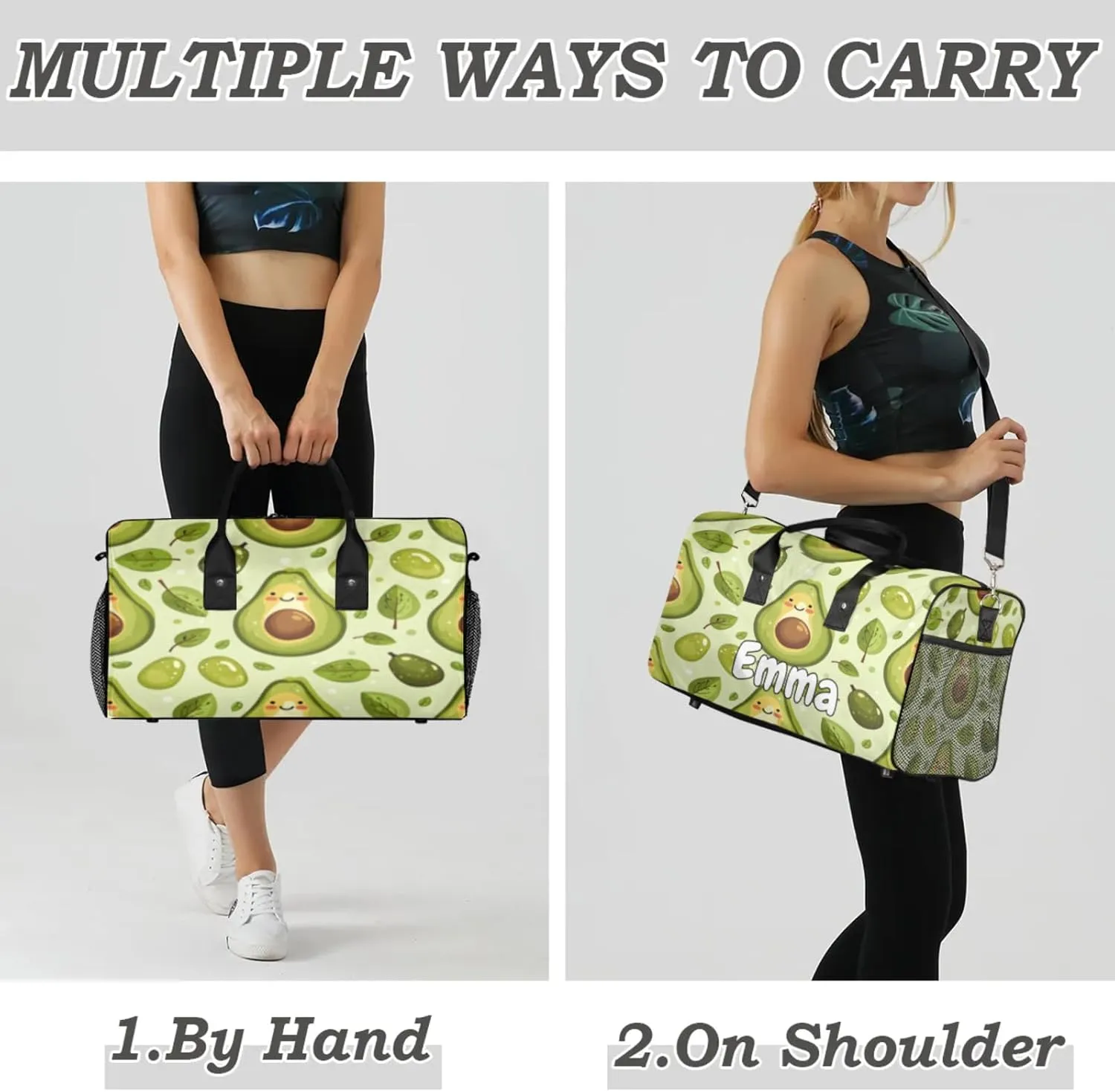 Personalized Summer Cute Avocado Travel Duffel Bag with Name, Custom Gym Sport Bag Funny Green Carry On Weekend Overnight Duffel Bag for Men Women