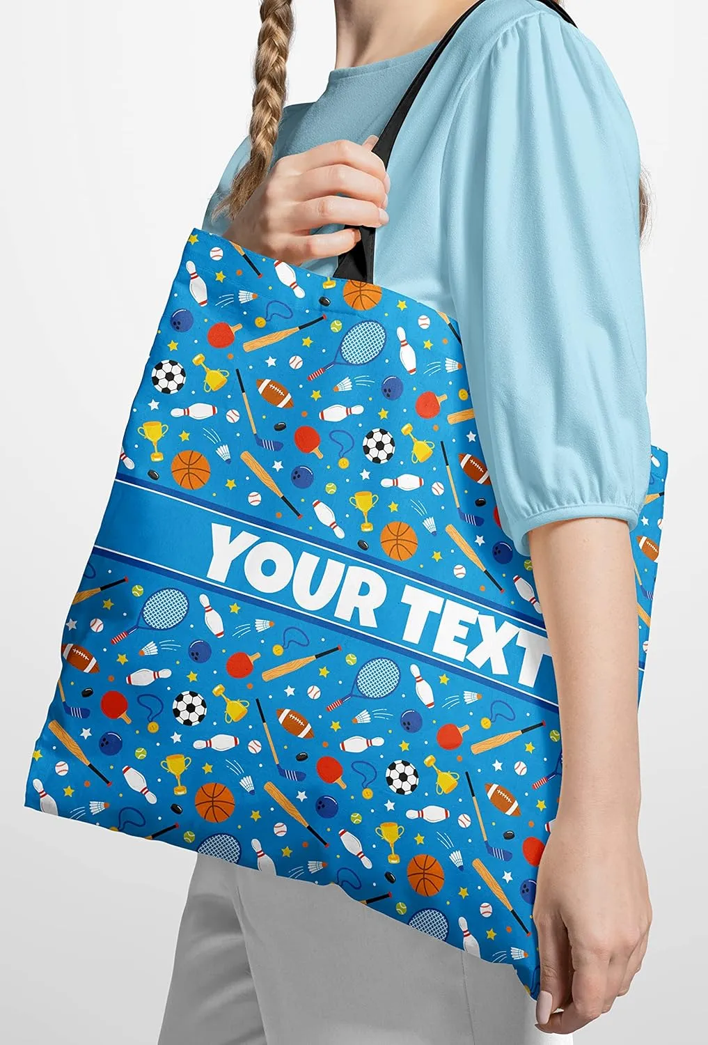 Personalized Tote Bag - Sports, Custom Name/Text, Reusable w/Straps, Canvas Cloth Fabric, Customized Gift Idea, Birthday/Christmas/Holiday Present, 13x13