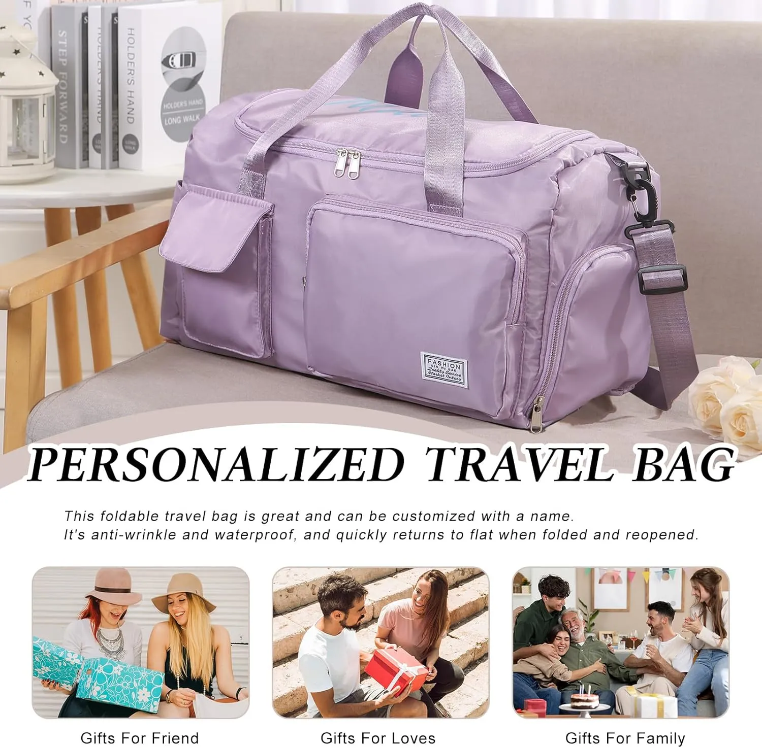 Personalized Travel Duffle Bag for Women: Waterproof Multi-compartment with Shoulder Strap, Gift for Traveler Lover