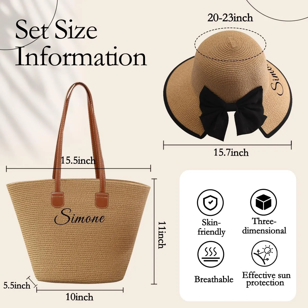 Personalized Women Straw Hat and Tote Bag Set,Custom Name Wide Brim Sun Hat Summer Foldable Floppy Beach Bag Travel Vacation