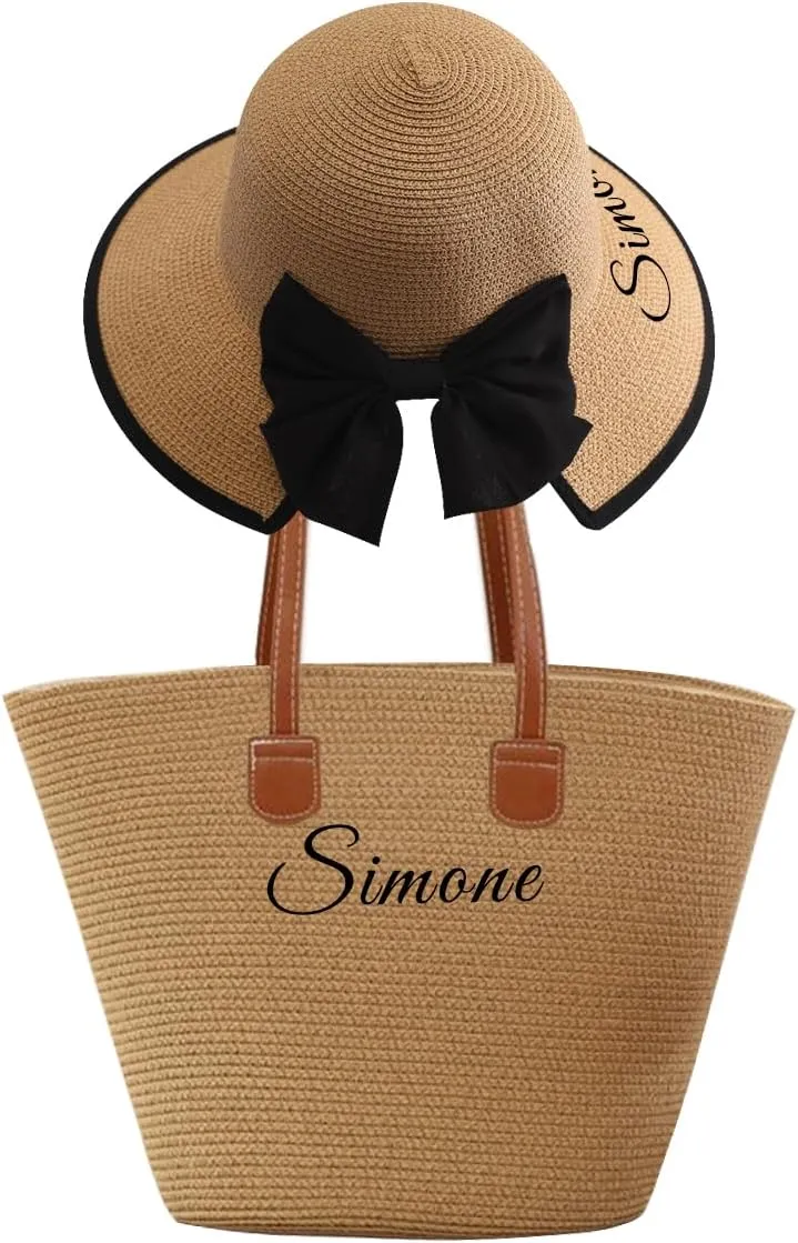 Personalized Women Straw Hat and Tote Bag Set,Custom Name Wide Brim Sun Hat Summer Foldable Floppy Beach Bag Travel Vacation