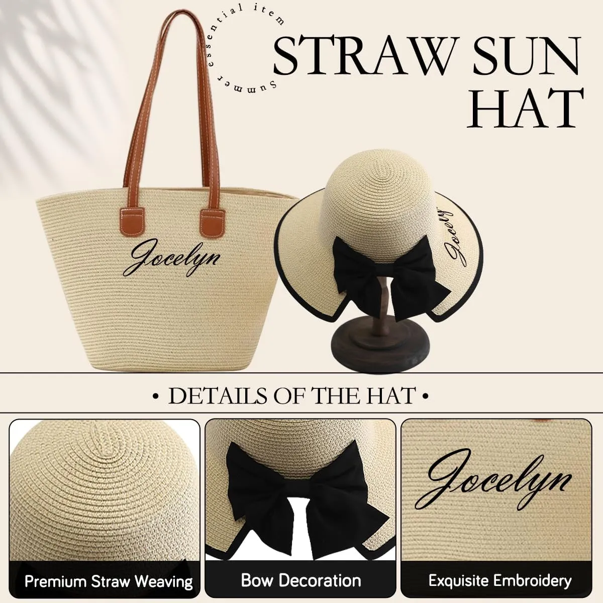 Personalized Women Straw Hat and Tote Bag Set,Custom Name Wide Brim Sun Hat Summer Foldable Floppy Beach Bag Travel Vacation