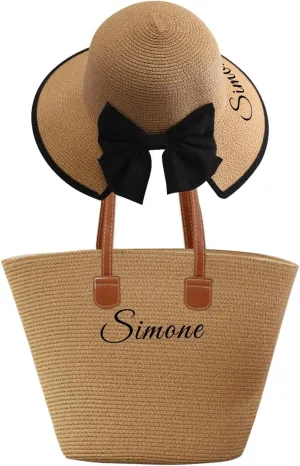 Personalized Women Straw Hat and Tote Bag Set,Custom Name Wide Brim Sun Hat Summer Foldable Floppy Beach Bag Travel Vacation