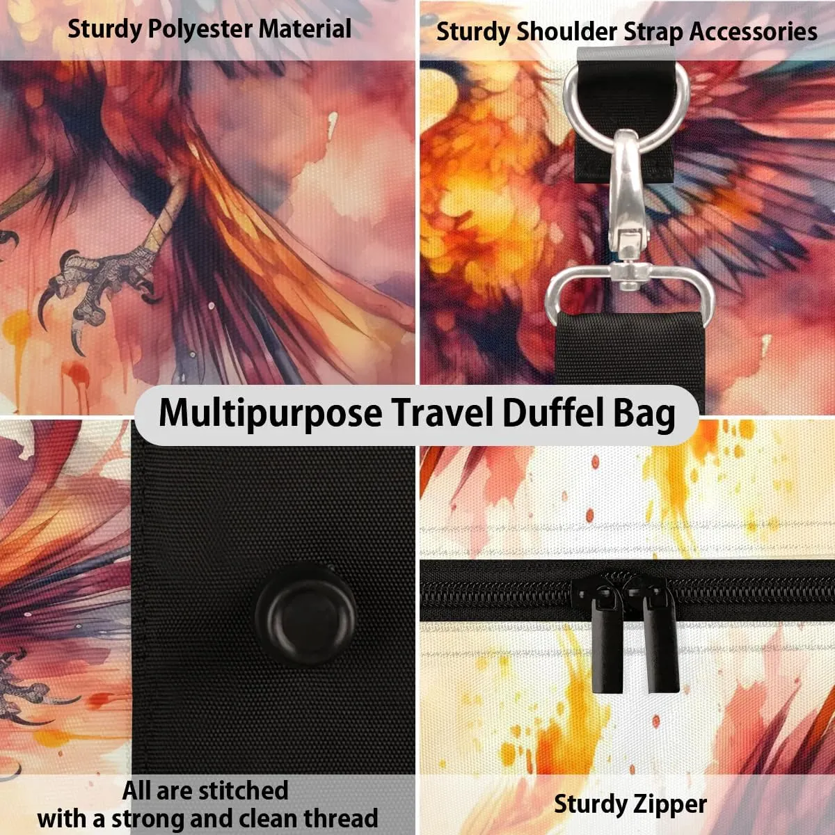 Phoenix Design Travel Duffel Bag for Women Men Waterproof Foldable Overnight Weekender Bag Large Capacity Sports Gym Bag