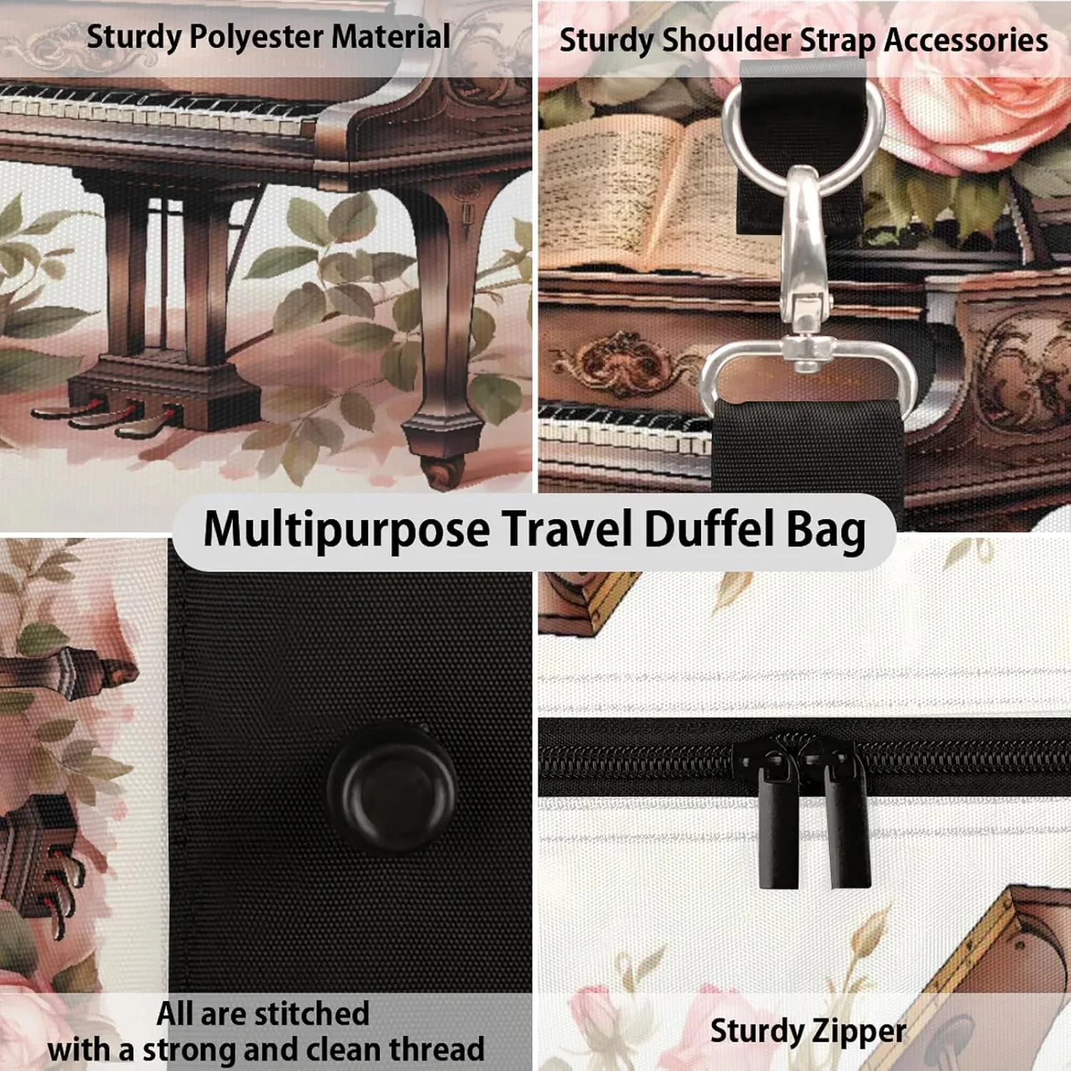 Piano Travel Duffle Bag, Sports Gym Bags for Women Men, Carry On Weekender Overnight Workout Airplane Trips Bag