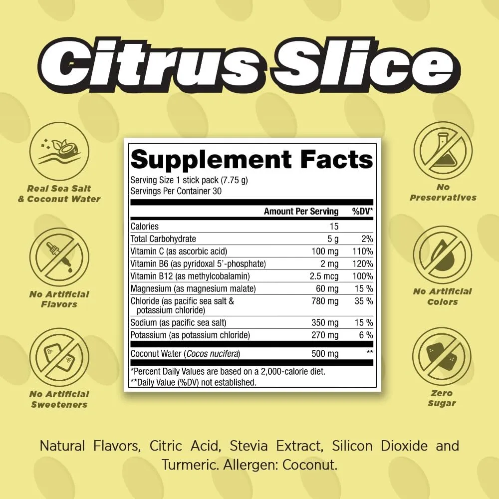 Pickleball Electrolyte Powder Packets | No Sugar, Non-GMO | 30 Drink Sticks (Citrus Slice)