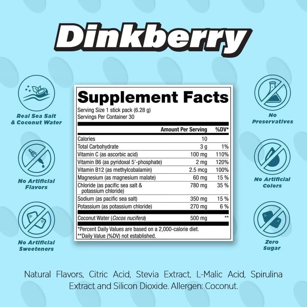 Pickleball Electrolyte Powder Packets | No Sugar, Non-GMO | 30 Drink Sticks (Dinkberry)