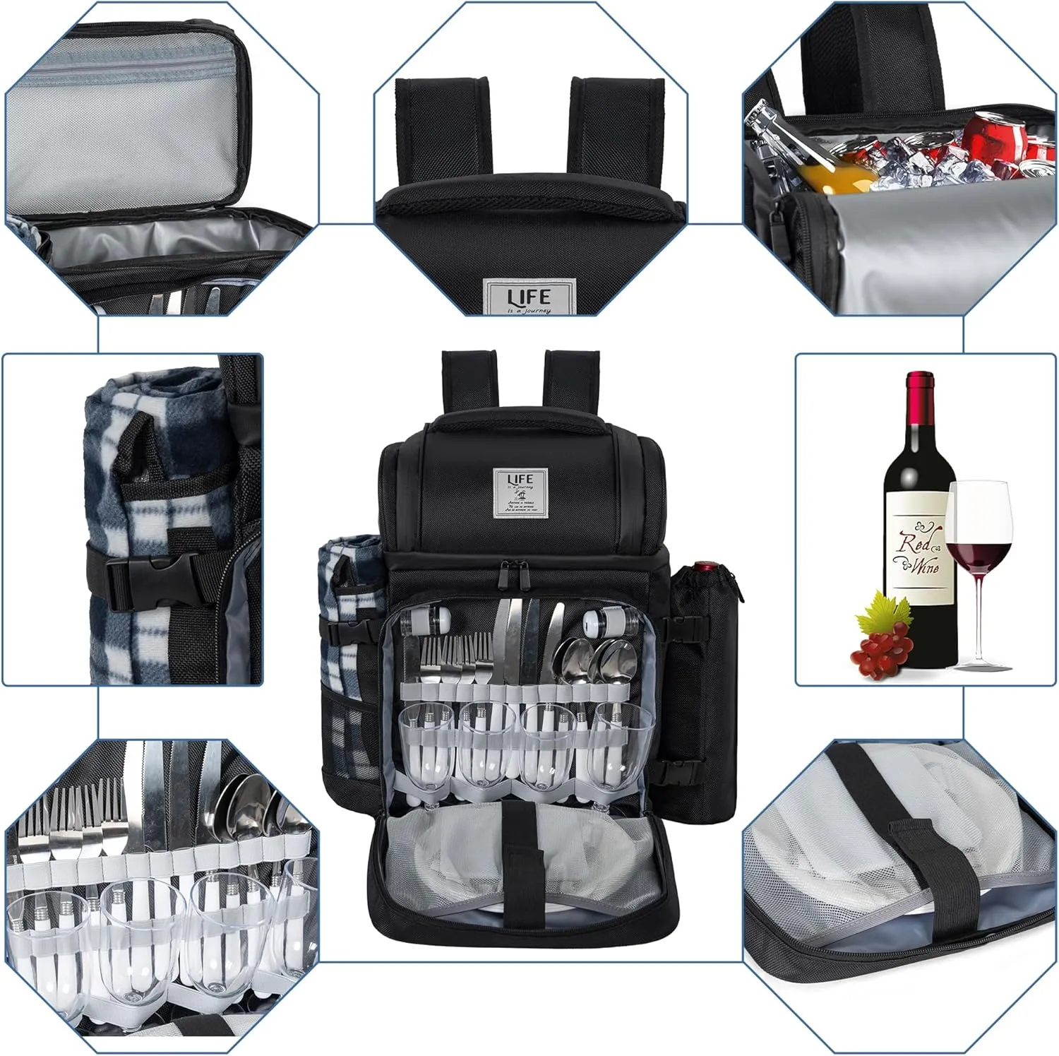 Picnic Backpack for 4 Person with 2 Insulated Leakproof Cooler Compartment, 4 Cutlery Sets, Wine Holder, Fleece Blanket, Perfect for Beach, Camping, Hiking, Black