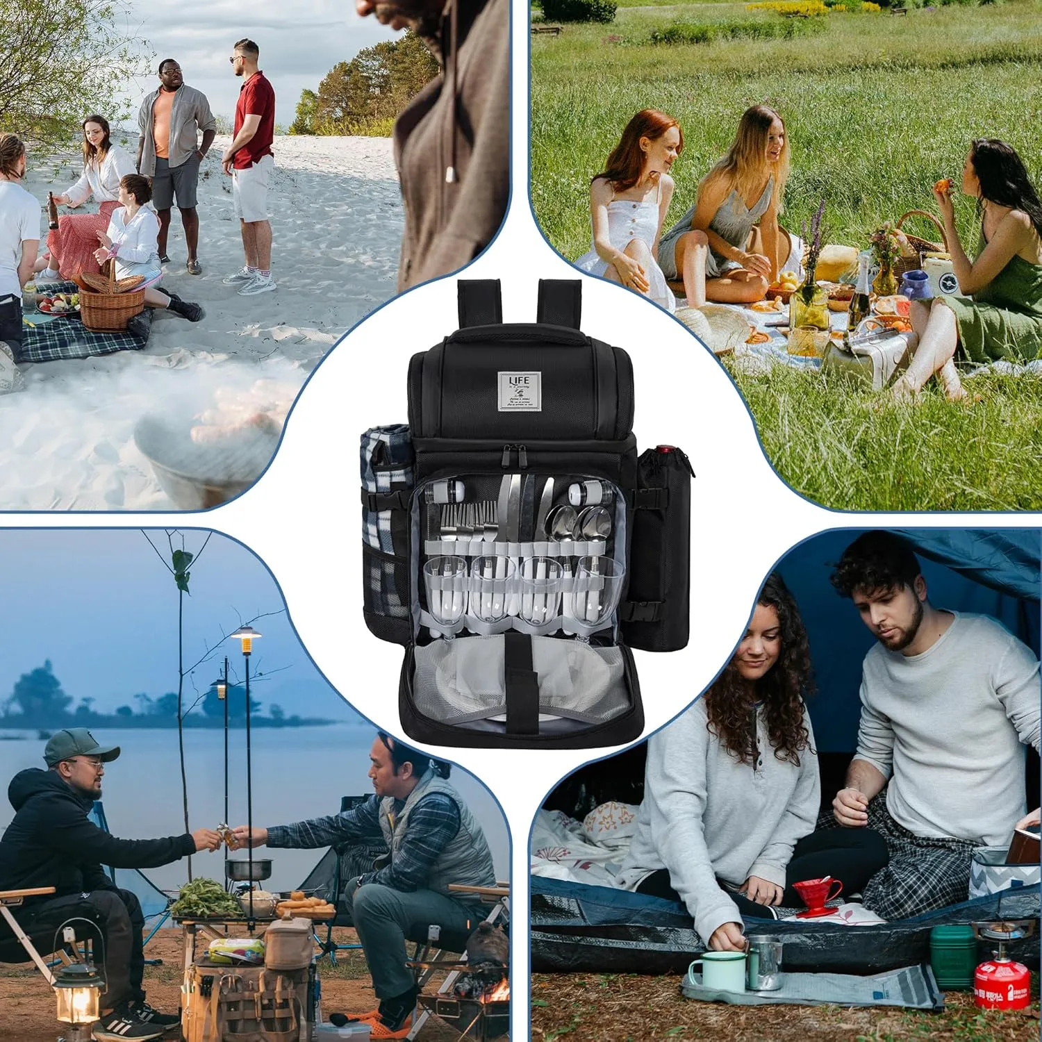Picnic Backpack for 4 Person with 2 Insulated Leakproof Cooler Compartment, 4 Cutlery Sets, Wine Holder, Fleece Blanket, Perfect for Beach, Camping, Hiking, Black