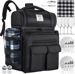 Picnic Backpack for 4 Person with 2 Insulated Leakproof Cooler Compartment, 4 Cutlery Sets, Wine Holder, Fleece Blanket, Perfect for Beach, Camping, Hiking, Black