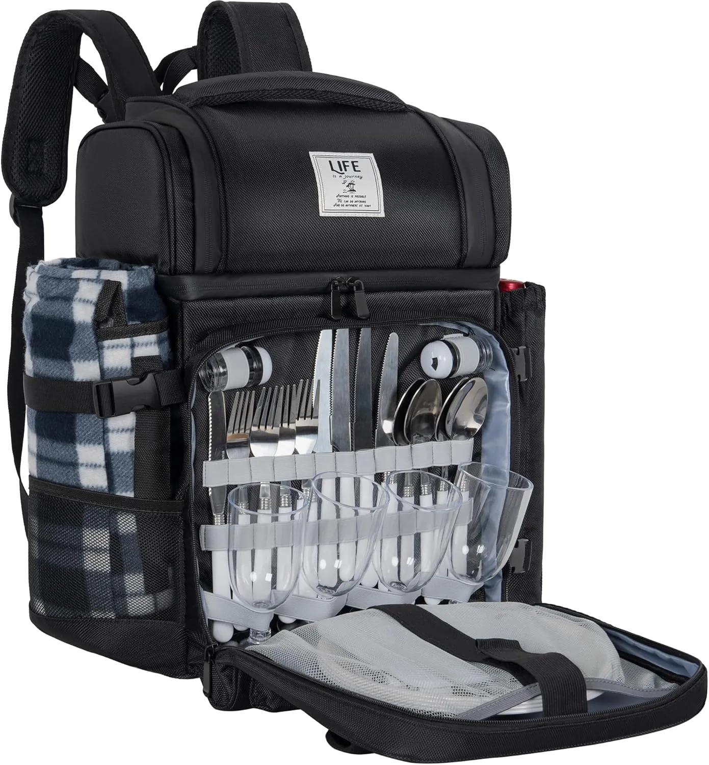Picnic Backpack for 4 Person with 2 Insulated Leakproof Cooler Compartment, 4 Cutlery Sets, Wine Holder, Fleece Blanket, Perfect for Beach, Camping, Hiking, Black