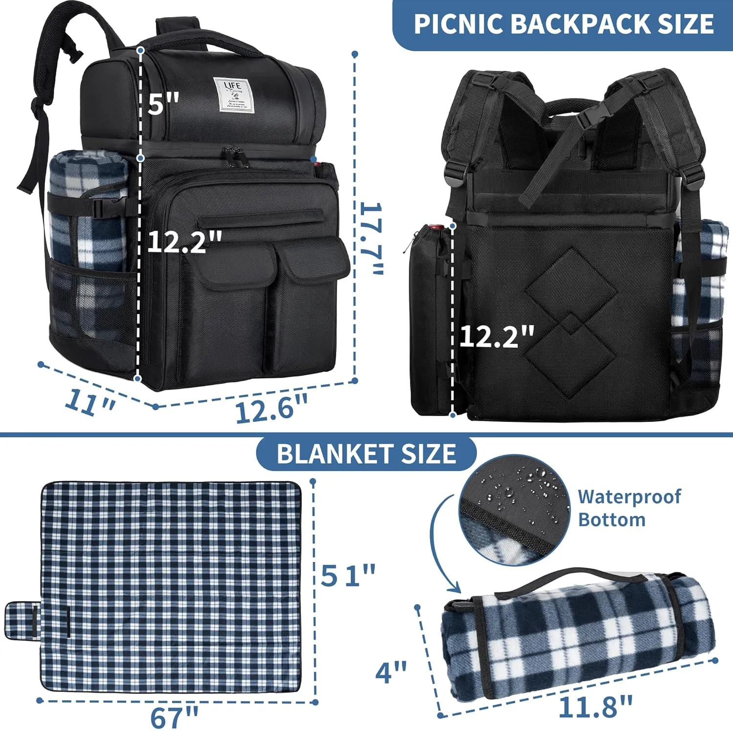 Picnic Backpack for 4 Person with 2 Insulated Leakproof Cooler Compartment, 4 Cutlery Sets, Wine Holder, Fleece Blanket, Perfect for Beach, Camping, Hiking, Black