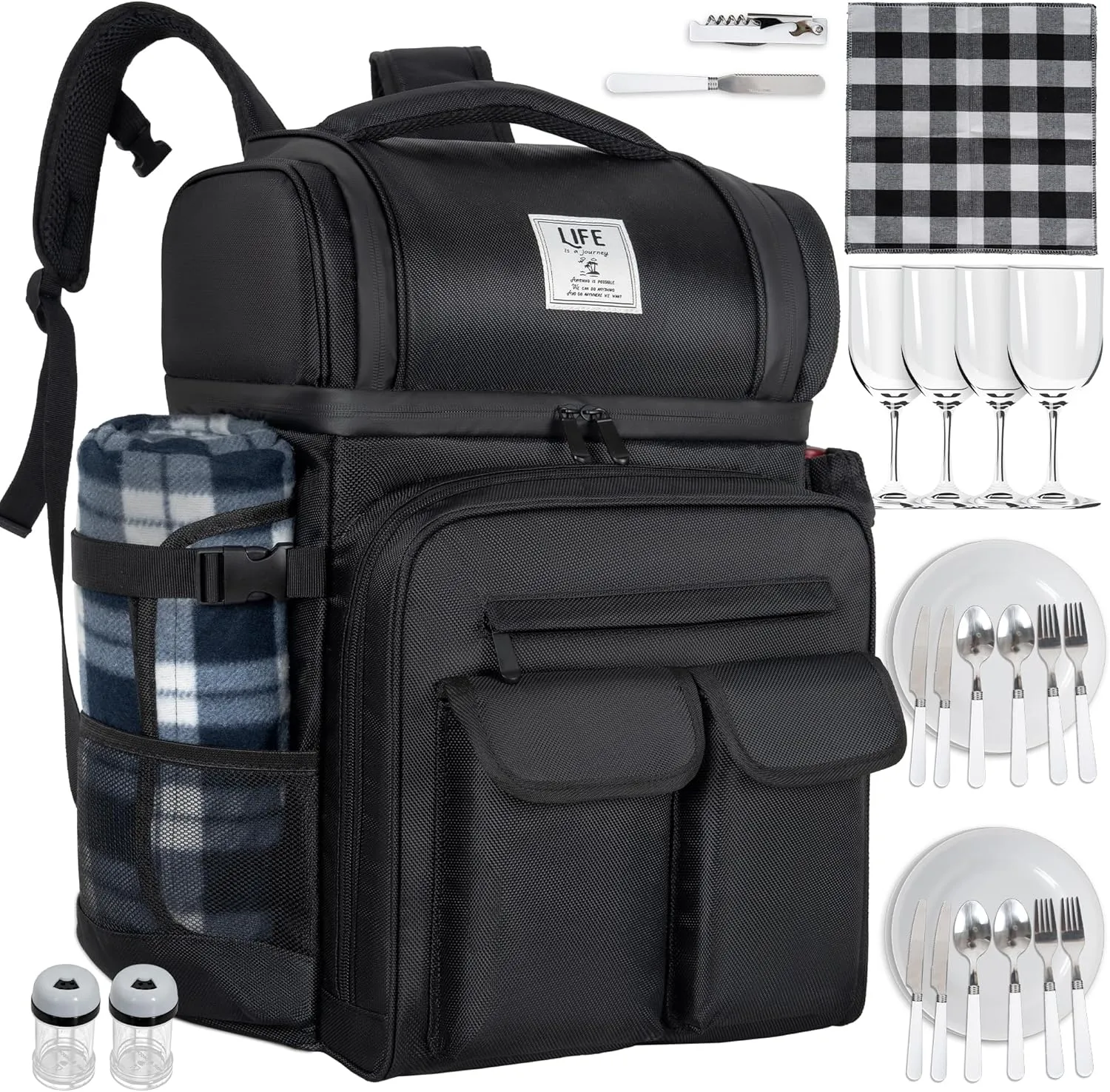 Picnic Backpack for 4 Person with 2 Insulated Leakproof Cooler Compartment, 4 Cutlery Sets, Wine Holder, Fleece Blanket, Perfect for Beach, Camping, Hiking, Black