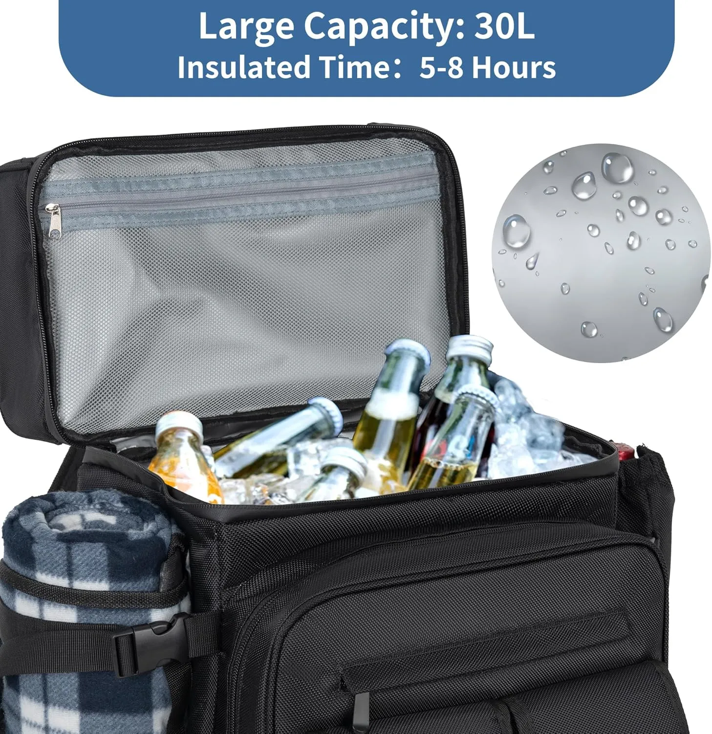 Picnic Backpack for 4 Person with 2 Insulated Leakproof Cooler Compartment, 4 Cutlery Sets, Wine Holder, Fleece Blanket, Perfect for Beach, Camping, Hiking, Black