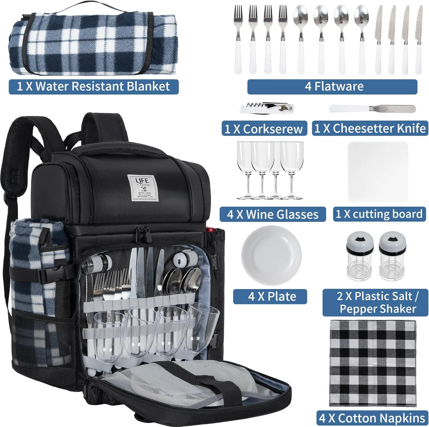 Picnic Backpack for 4 Person with 2 Insulated Leakproof Cooler Compartment, 4 Cutlery Sets, Wine Holder, Fleece Blanket, Perfect for Beach, Camping, Hiking, Black