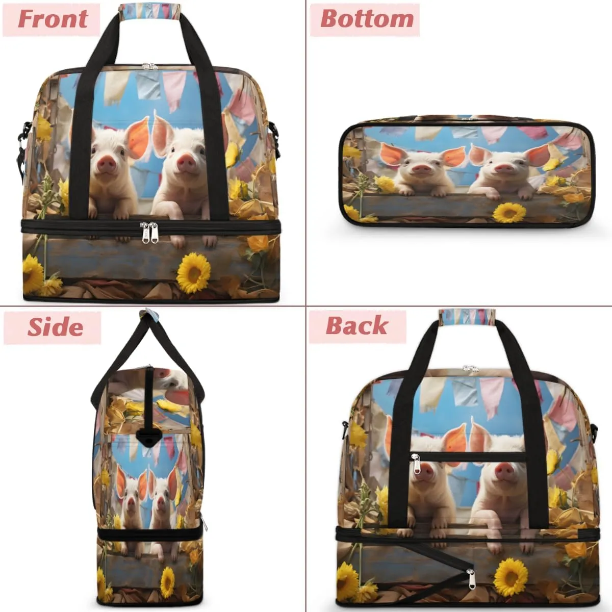 Pig Prints Foldable Travel Duffel Bag Overnight Weekender Bag with Shoes Compartment Sports Gym Bag for Men Women