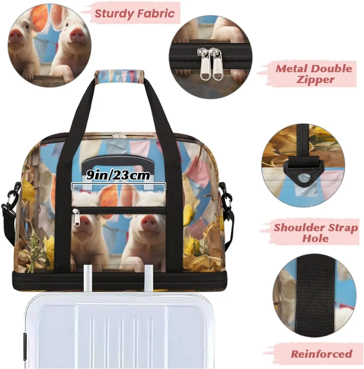 Pig Prints Foldable Travel Duffel Bag Overnight Weekender Bag with Shoes Compartment Sports Gym Bag for Men Women