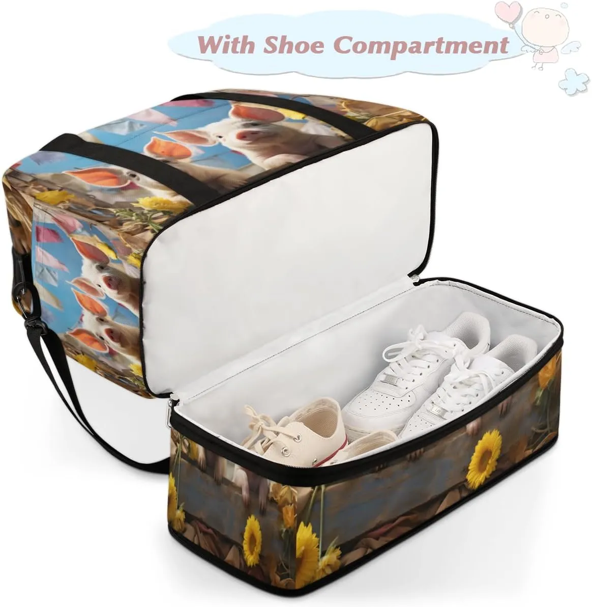 Pig Prints Foldable Travel Duffel Bag Overnight Weekender Bag with Shoes Compartment Sports Gym Bag for Men Women