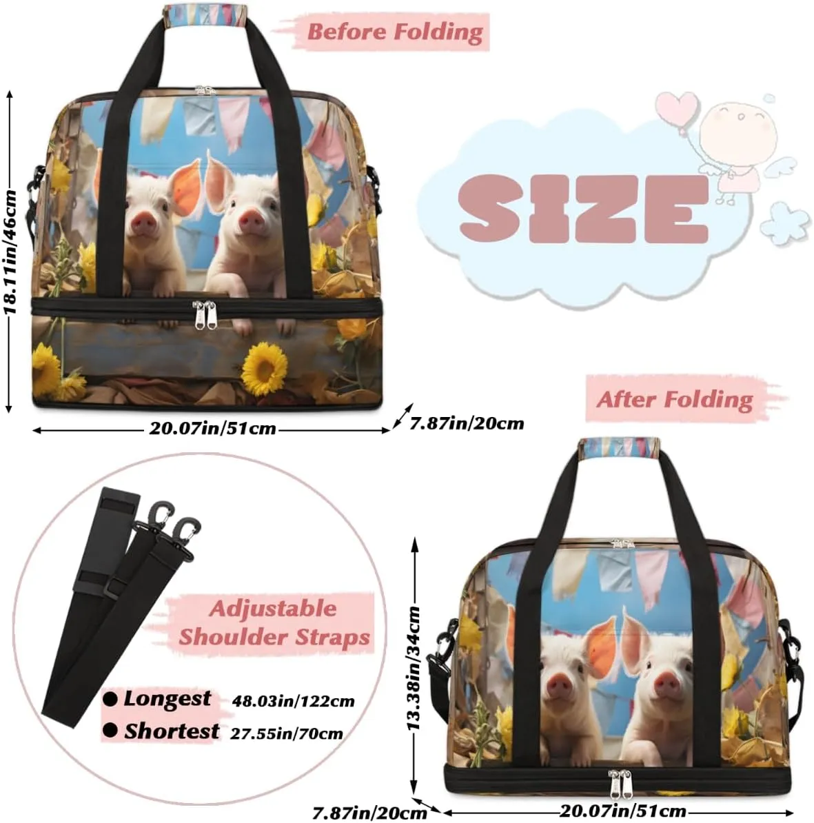 Pig Prints Foldable Travel Duffel Bag Overnight Weekender Bag with Shoes Compartment Sports Gym Bag for Men Women