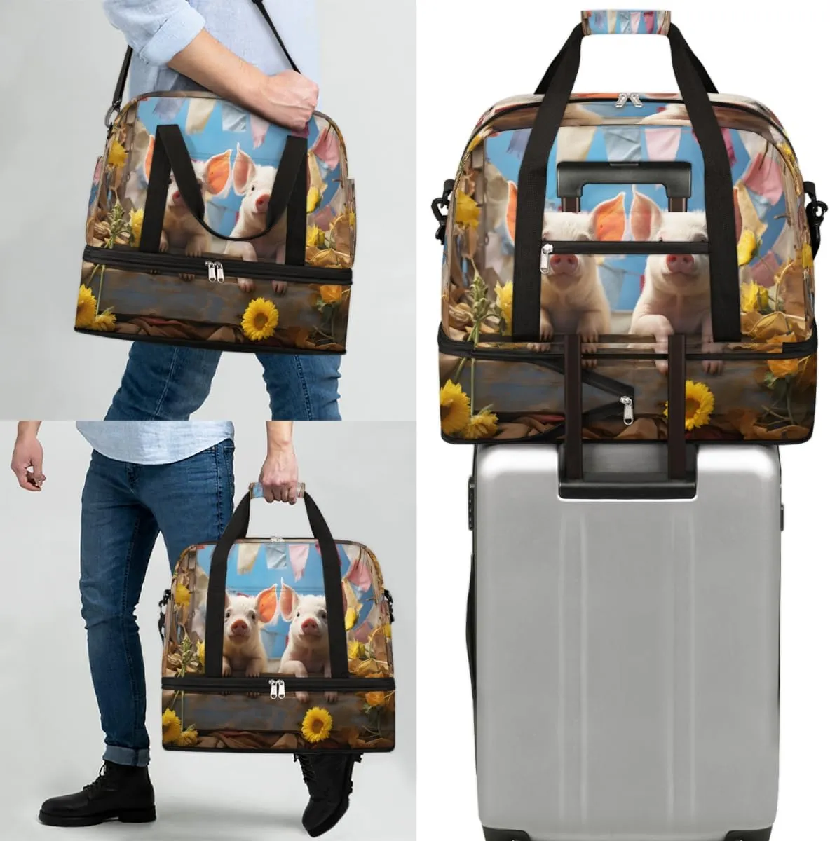 Pig Prints Foldable Travel Duffel Bag Overnight Weekender Bag with Shoes Compartment Sports Gym Bag for Men Women